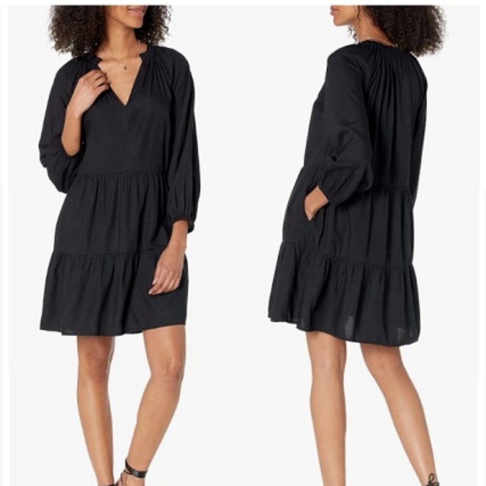 The Drop Caralynmirand Women Size L Ruffle-Neck Tiered Mini Dress Black NWT